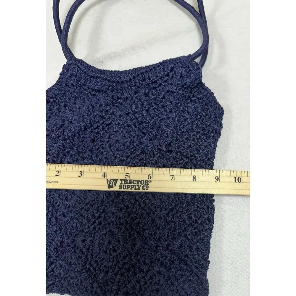 VTG Laura Ashley Crocheted Bag Purse Navy Casual Magnetic Clasp Lined Beach Boho
